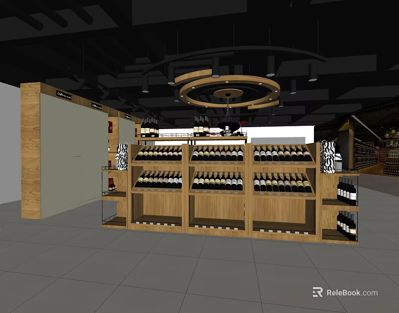 Wooden Display Shelves With Multiple Layers For Wine Bottles In Retail Store 3d model 