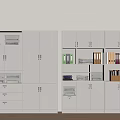 White Office Storage Cabinets With Multiple Doors Drawers And Office Supplies Files Books Folders