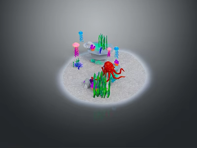 Vibrant Underwater Scene With Sandy Seabed Green Seaweed Pink Blue Jellyfish And Red Octopus 3d model