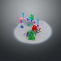 Vibrant Underwater Scene With Sandy Seabed Green Seaweed Pink Blue Jellyfish And Red Octopus