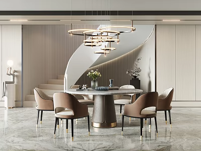 Modern Restaurant Interior Design With Round Dining Table Comfortable Chairs And Pendant Lights 3d model