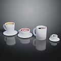 Coffee Drinks In Various Size Cups With Latte Art On Black Table Surface 3d model
