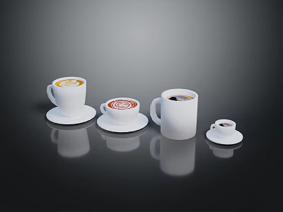 Coffee Drinks In Various Size Cups With Latte Art On Black Table Surface 3d model