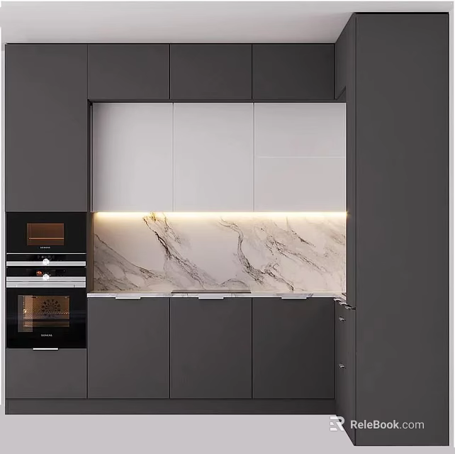 Modern Kitchen With Gray Cabinets Marble Backsplash And Integrated Appliances 3d model 