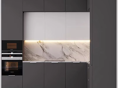 Modern Kitchen With Gray Cabinets Marble Backsplash And Integrated Appliances 3d model