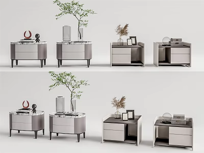 Modern Bedside Tables With Metal Legs Decorative Vases Frames and Plants 3d model