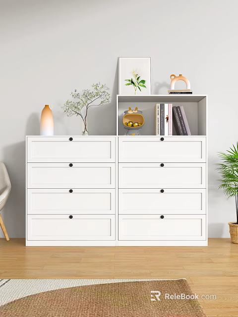 White Chest of Drawers with Decorative Vase Green Plant Books and Fruit Bowl 3d model 