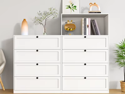 White Chest of Drawers with Decorative Vase Green Plant Books and Fruit Bowl 3d model