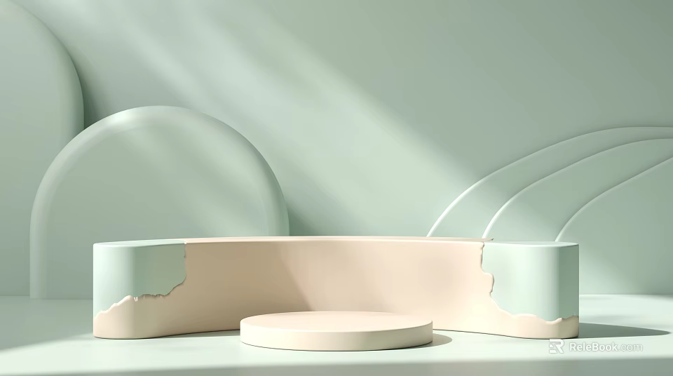 Light Green Background With Curved Geometric Structures Circular Platform And Soft Lighting 3d model 