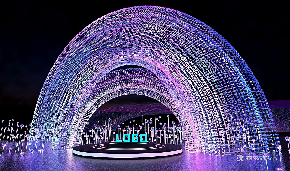 Illuminated Stage With LED Arch Structure Purple Blue Lighting And Circular Platform 3d model
