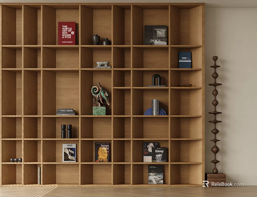 Modern Wooden Bookshelf with Open Compartments Featuring Red Book Black Decor and Spiral Sculpture 3d model 