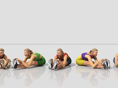 Women Performing Seated Stretching Exercises On Reflective Floor In Indoor Studio 3d model
