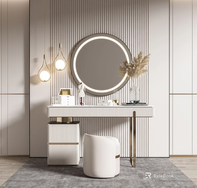 Modern Vanity Table With Round Illuminated Mirror Pendant Lights White Stool And Dried Flowers 3d model 