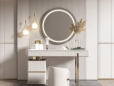 Modern Vanity Table With Round Illuminated Mirror Pendant Lights White Stool And Dried Flowers 3d model