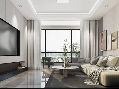 Modern Living Room Interior Design With Large Windows Sofa Coffee Table TV And Decorative Paintings 3d model