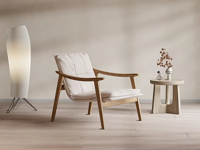Modern Leisure Chair Featuring Wooden Frame White Cushion Floor Lamp Small Table and Flowers 3d model