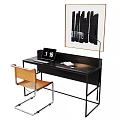 Modern Desk Setup With Black Top Wooden Chair Table Lamp And Abstract Wall Art