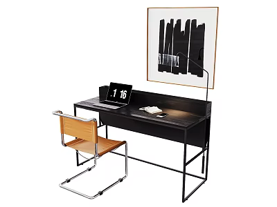 Modern Desk Setup With Black Top Wooden Chair Table Lamp And Abstract Wall Art 3d model