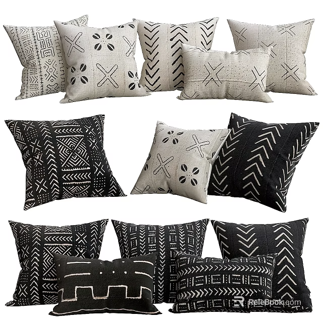 Multiple Decorative Black White Pillows With Geometric Chevron And Striped Patterns 3d model