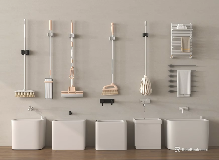 Organized Bathroom Accessories Featuring Wall Mounted Cleaning Tools And White Basins 3d model 
