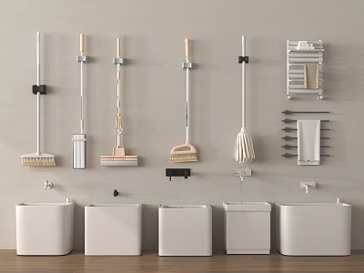 Organized Bathroom Accessories Featuring Wall Mounted Cleaning Tools And White Basins 3d model