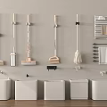 Organized Bathroom Accessories Featuring Wall Mounted Cleaning Tools And White Basins 3d model