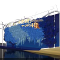 Floral Art Installation With Blue And White Draped Flowers On Decorative Backdrop