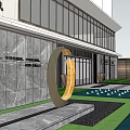Modern Sales Office Building Design With Glass Curtain Wall Lawn And Steps