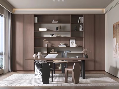 Modern Study Room Interior Design With Built in Bookshelves Wooden Desk And Decorative Items 3d model