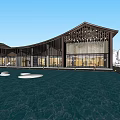 Modern Architectural Building With Curved Wooden Roof And Water Reflection In Evening Sky