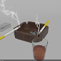 Decorative Ornament Set With Wooden Ashtray Silver Lighter Cigarettes Smoke And Glass Of Brown Liquid