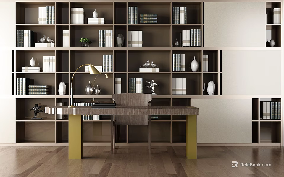 Modern Home Office Desk With Bookshelves Books Decorations And Gold Lamp On Wooden Floor 3d model 