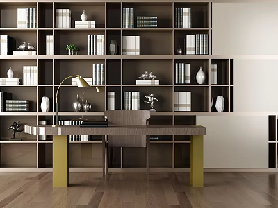 Modern Home Office Desk With Bookshelves Books Decorations And Gold Lamp On Wooden Floor 3d model