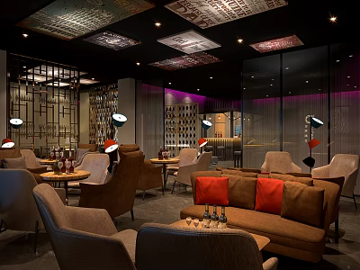 Stylish Bar Interior With Cozy Sofas Wooden Tables Ambient Lighting Wine Racks And Decorative Ceiling 3d model