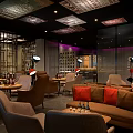 Stylish Bar Interior With Cozy Sofas Wooden Tables Ambient Lighting Wine Racks And Decorative Ceiling