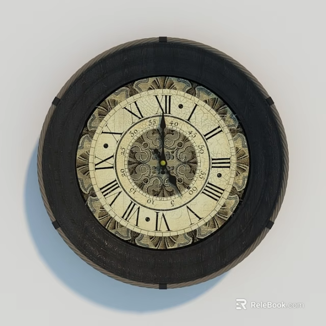 Vintage Wall Clock With Roman Numerals And Decorative Dark Wooden Frame 3d model 
