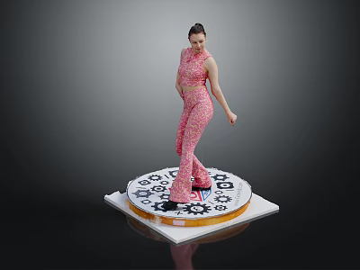 Woman Standing in Pink Patterned Outfit on Circular Platform with Gear Patterns Against Dark Background 3d model