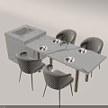 Modern Dining Table Set With Marble Tabletop And Beige Upholstered Chairs Wooden Legs