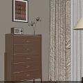 Wooden Entryway Cabinet Sideboard With Drawers Decorative Painting And Table Lamp Near Curtains
