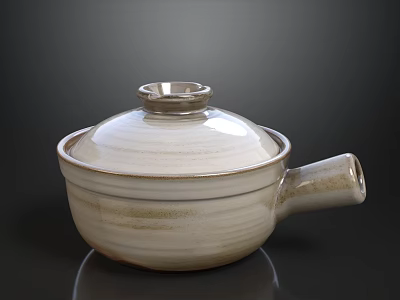 Cream And Light Brown Striped Casserole Pot With Lid And Handle On Dark Background 3d model