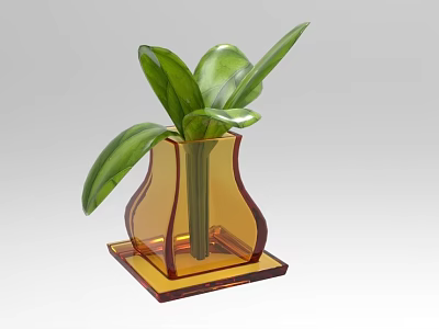 Green Leaf Bonsai Potted Plant in Transparent Orange Vase with Square Base 3d model