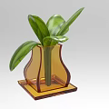 Green Leaf Bonsai Potted Plant in Transparent Orange Vase with Square Base