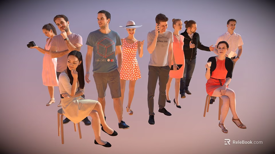 Group of people in various casual outfits standing and sitting together 3d model 