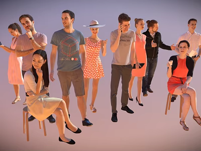 Group of people in various casual outfits standing and sitting together 3d model
