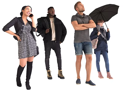 Diverse Group of People Standing with Hand on Hip Carrying Backpack Crossed Arms Holding Umbrella 3d model