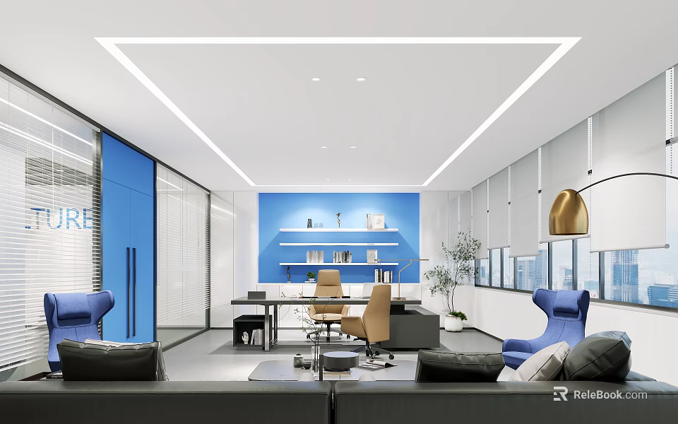 Modern Office Interior Design With Blue Wall Sofa Desk Chairs And Floor To Ceiling Windows 3d model 