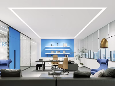 Modern Office Interior Design With Blue Wall Sofa Desk Chairs And Floor To Ceiling Windows 3d model