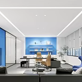 Modern Office Interior Design With Blue Wall Sofa Desk Chairs And Floor To Ceiling Windows