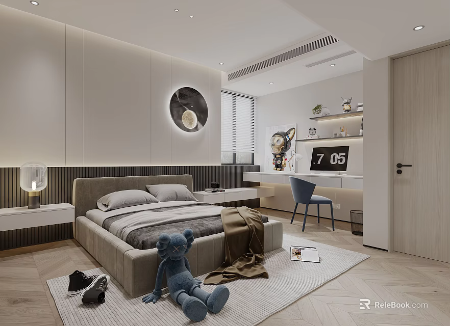 Kids Room Interior With Cozy Bed Stuffed Toy Rug Bookshelf And Decorative Chair 3d model 