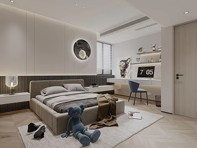 Kids Room Interior With Cozy Bed Stuffed Toy Rug Bookshelf And Decorative Chair 3d model
